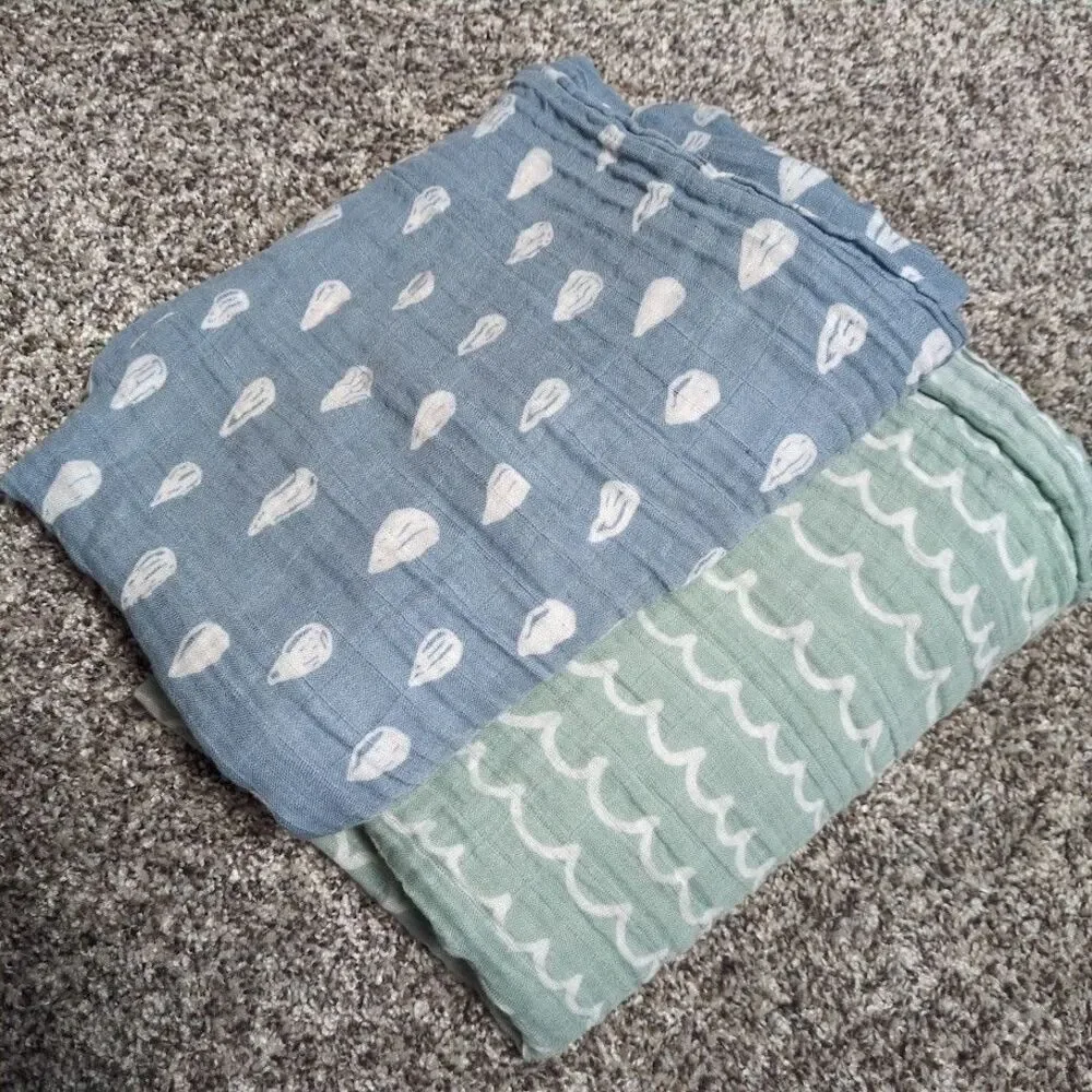 Lot Of 2 Comfy Cubs Blue Green Baby Muslin Swaddle Multi Purpose Blankets